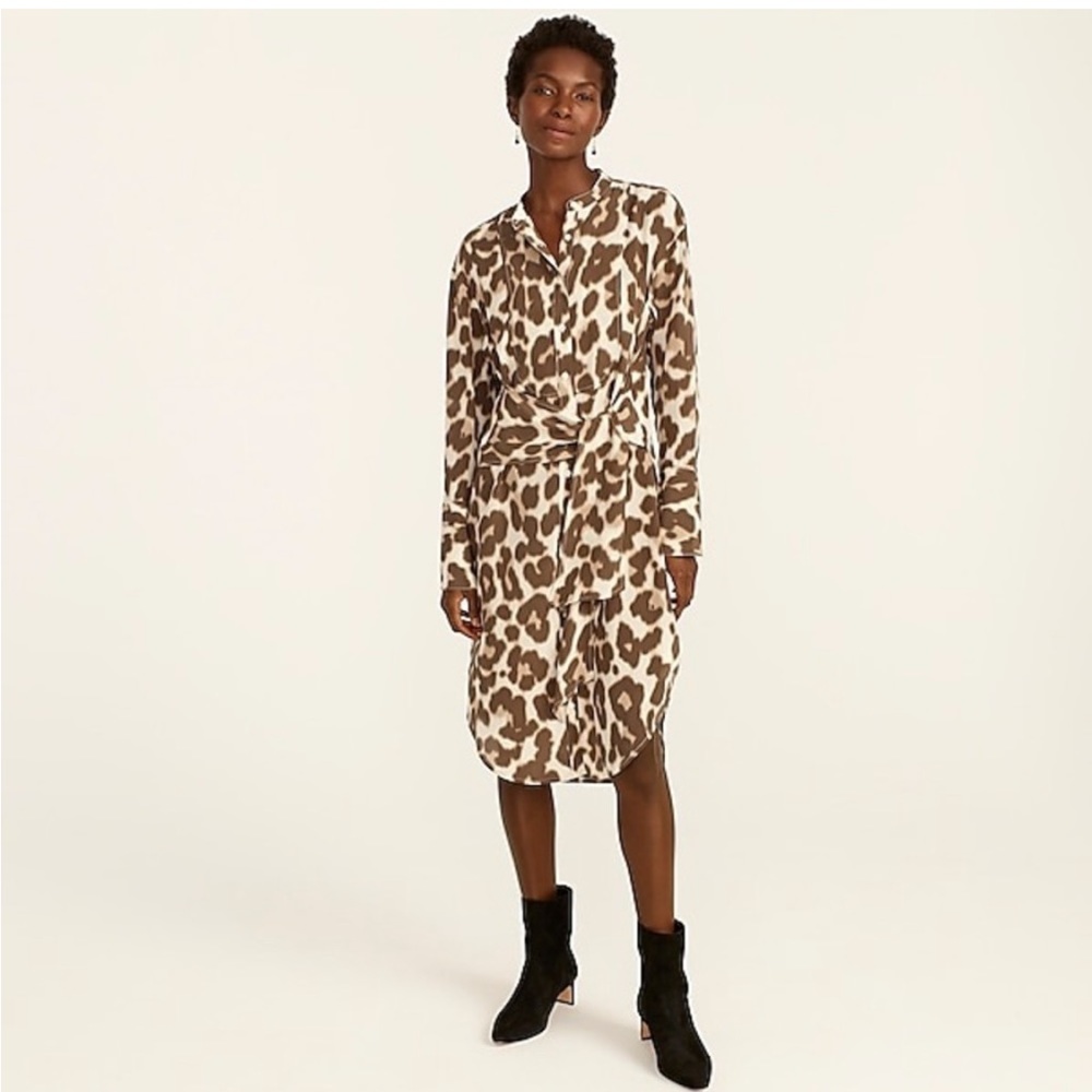 🌸 J. Crew Tie-front silk shirtdress in dusty leopard